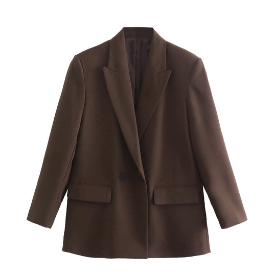 Damen Doppelreihiger Longblazer mit weitem Schalkragen und Pattentaschen Shop Nory