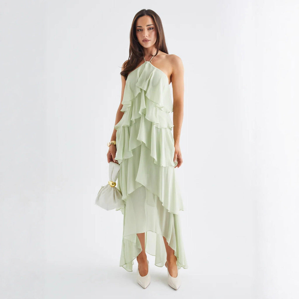 Damen Chiffon Maxikleid mit mehrschichtigen Rüschendetails Shopnory