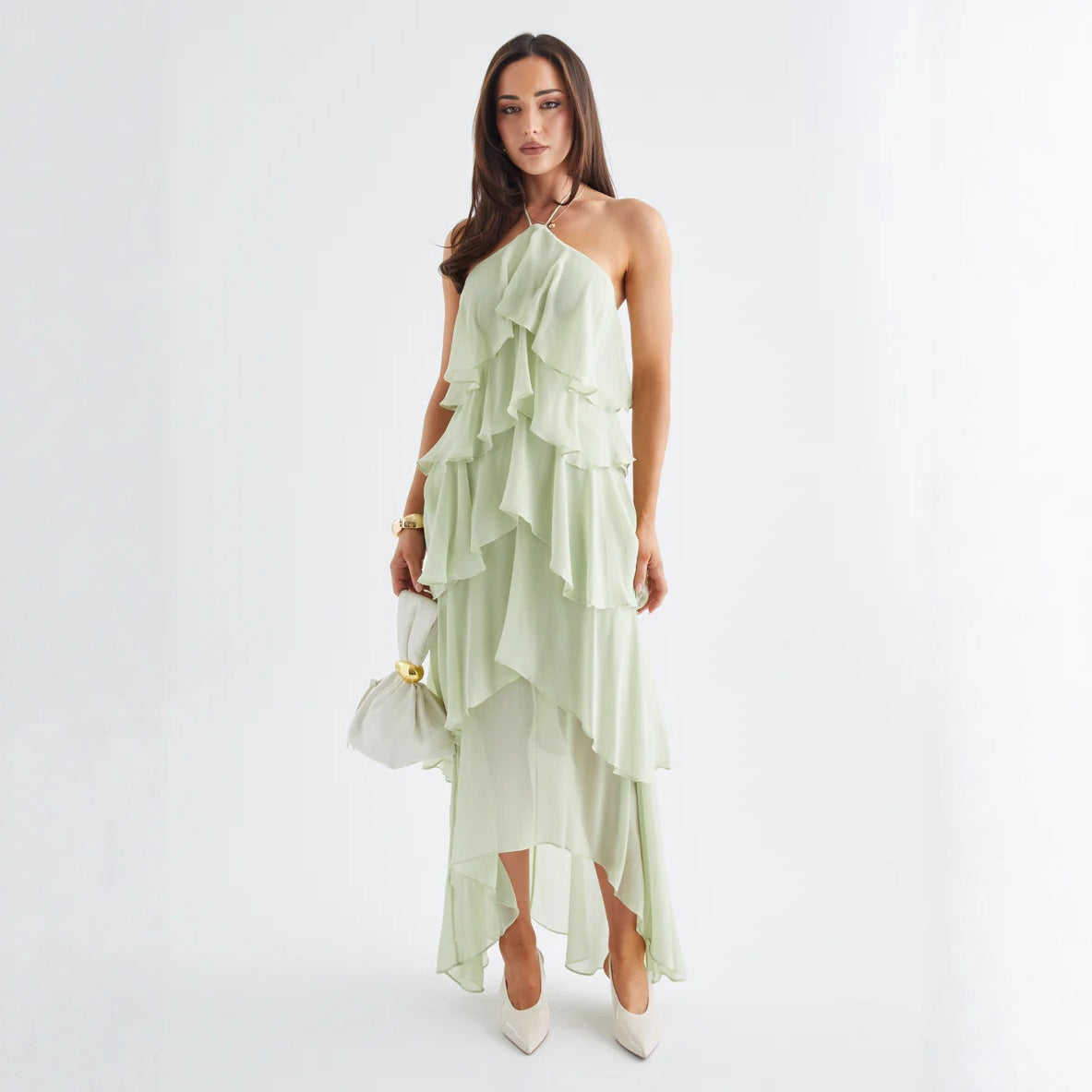Damen Chiffon Maxikleid mit mehrschichtigen Rüschendetails Shopnory