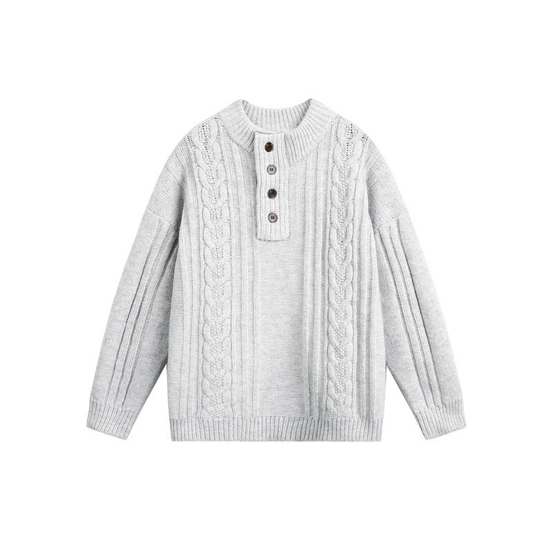 Damen Grobgestrickter Zopf‑Strickpullover mit Henley‑Knopfleiste und Stehkragen Shop Nory