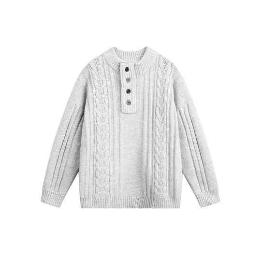Damen Grobgestrickter Zopf‑Strickpullover mit Henley‑Knopfleiste und Stehkragen Shop Nory