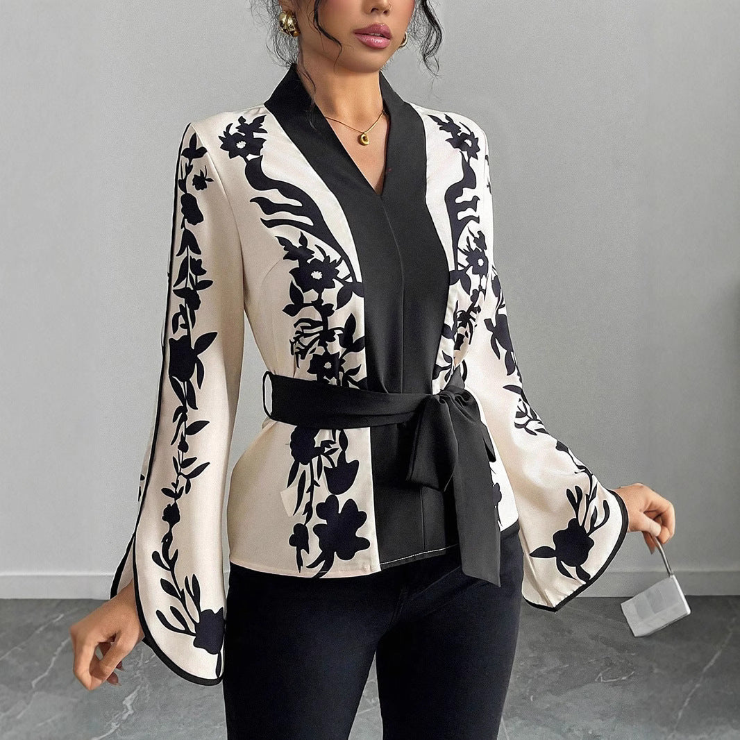 Damen Kimono-Bluse mit floralem Druck, V-Ausschnitt und Taillenbindegürtel Shop Nory