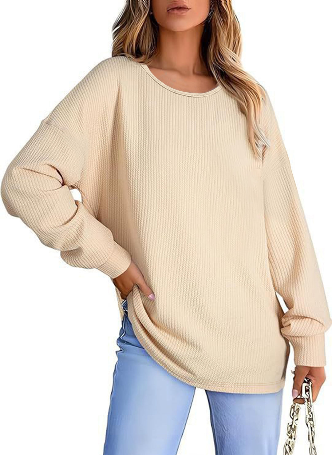 Damen Oversize Waffelstrickpullover mit Rundhals, Ballonärmeln und verlängertem Saum Shop Nory