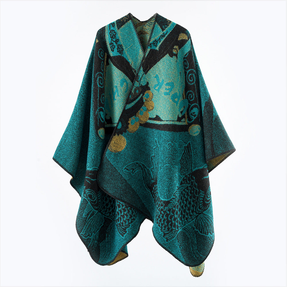 Damen Jacquard-Poncho mit Fischmotiv und offenem Oversize-Schnitt Shop Nory