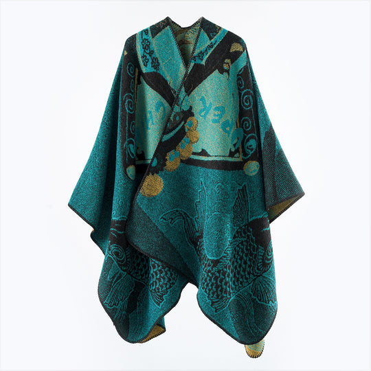 Damen Jacquard-Strick Cape mit Koi-Motiv und weitem Oversize-Fall Shop Nory