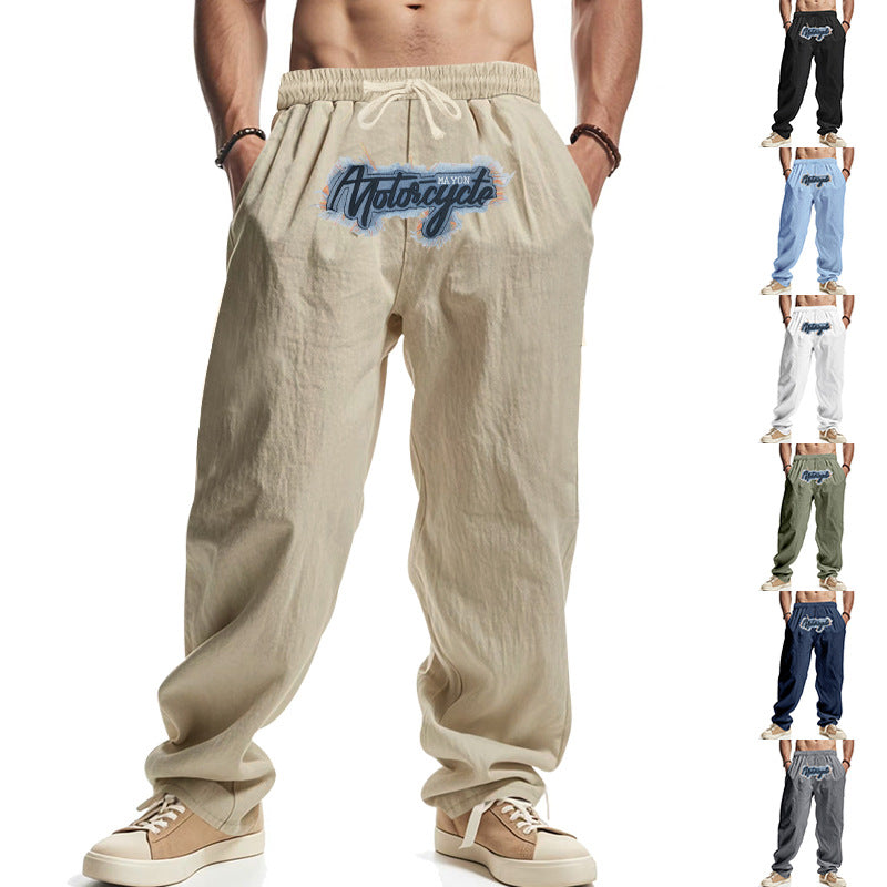 Herren Locker sitzende Leinenoptik-Relaxhose mit elastischem Bund, Kordelzug & Frontprint Shop Nory