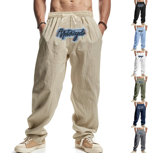 Herren Locker sitzende Leinenoptik-Relaxhose mit elastischem Bund, Kordelzug & Frontprint Shop Nory