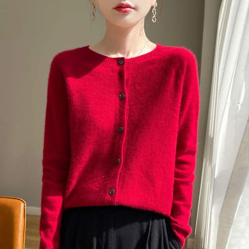 Damen Kurzgeschnittener Feinstrick-Cardigan mit Rundhalsausschnitt und schimmernder Knopfleiste Shop Nory