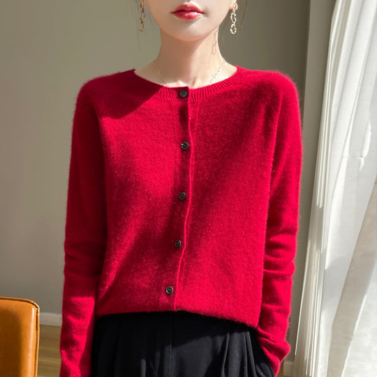 Damen Kurzgeschnittener Feinstrick-Cardigan mit Rundhalsausschnitt und schimmernder Knopfleiste Shop Nory