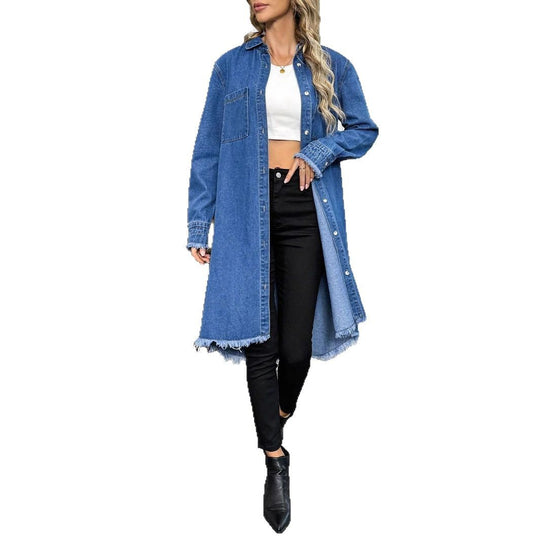 Damen Oversize Denim-Hemdjacke im Longline-Schnitt mit ausgefranstem Saum Shop Nory