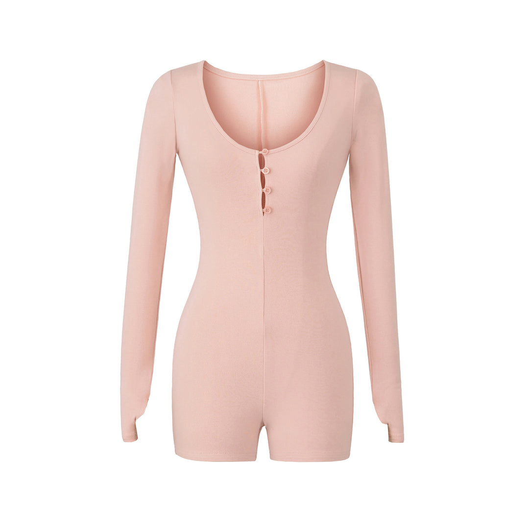 Damen Enganliegender Langarm-Body mit Knopfleiste und kurzer Shorts Shop Nory