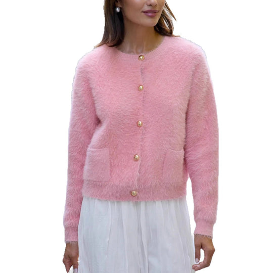 Damen Flauschige Strickjacke mit goldenen Knöpfen Shop Nory