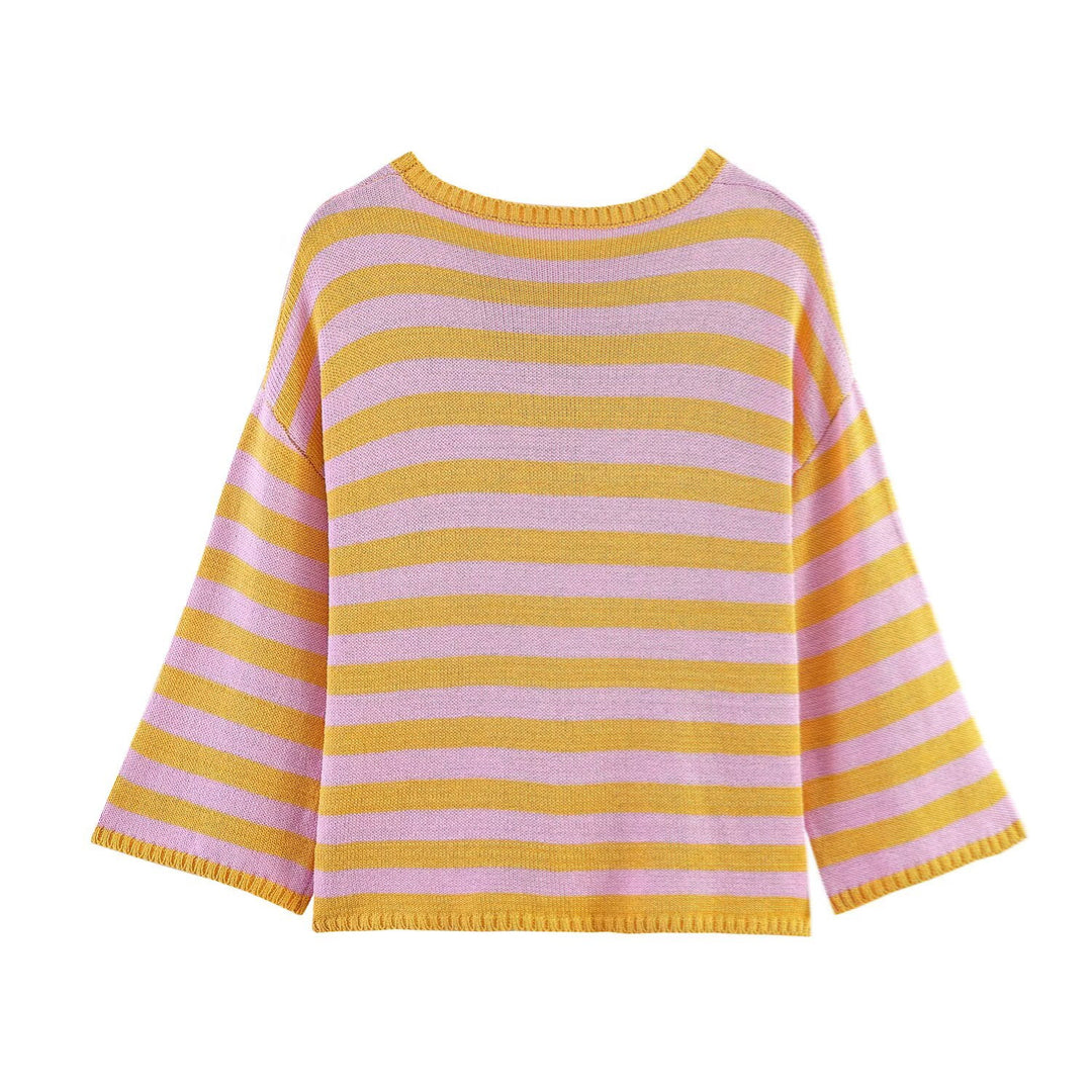Damen Oversized Gestreifter Feinstrickpullover mit Rundhals und halblangen Ärmeln Shop Nory