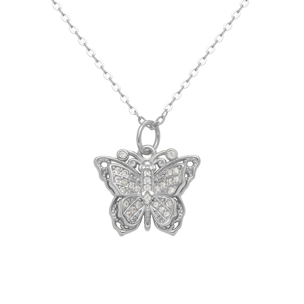 Damen Halskette mit kunstvollem Schmetterlingsanhänger aus goldfarbenem Metall und funkelnden Zirkonia Shop Nory