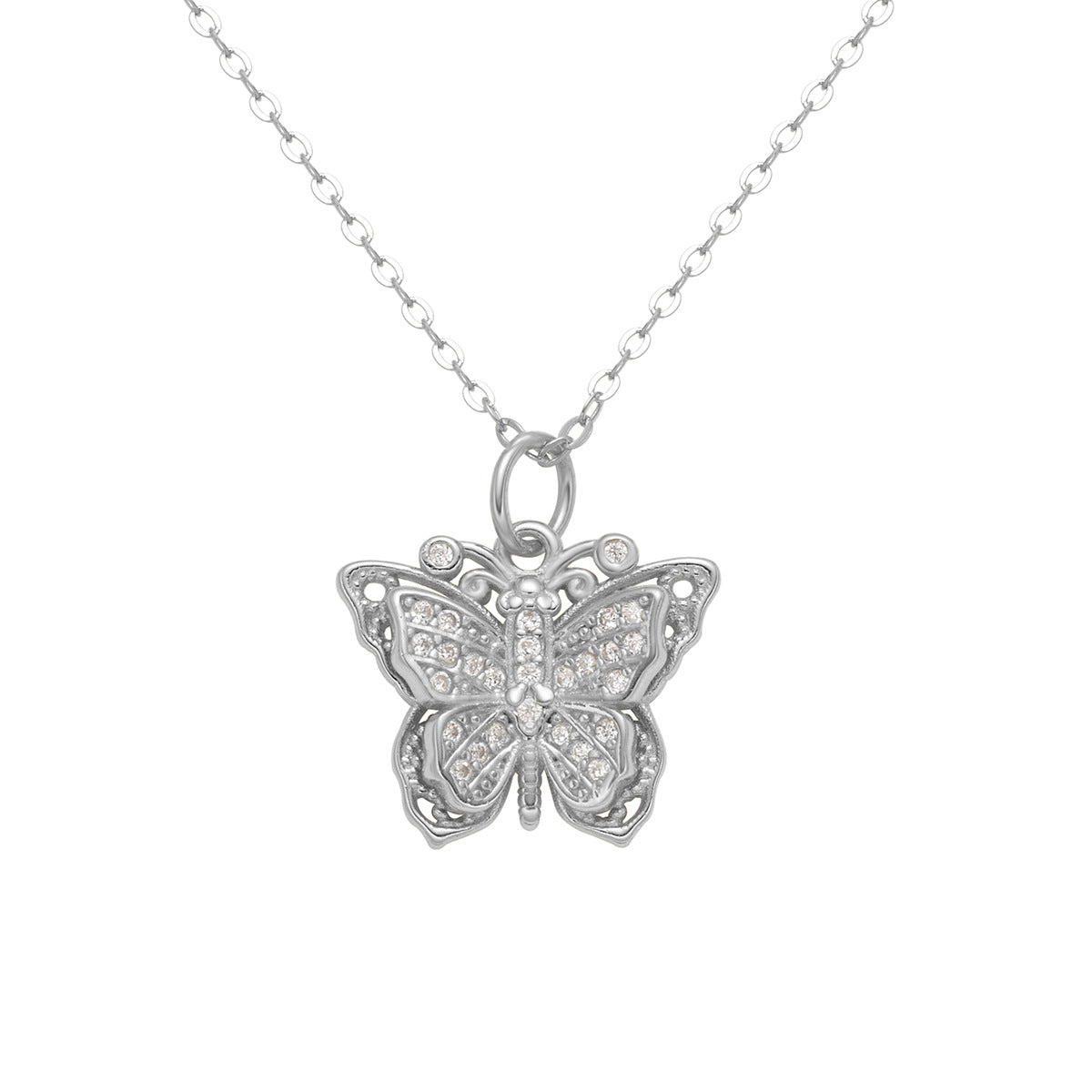 Damen Halskette mit kunstvollem Schmetterlingsanhänger aus goldfarbenem Metall und funkelnden Zirkonia Shop Nory