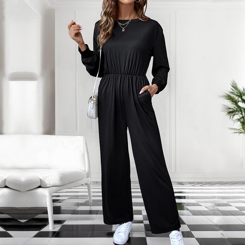 Damen Lässiger Einteiler mit elastischer Taille, Seitentaschen und weitem Bein Shop Nory