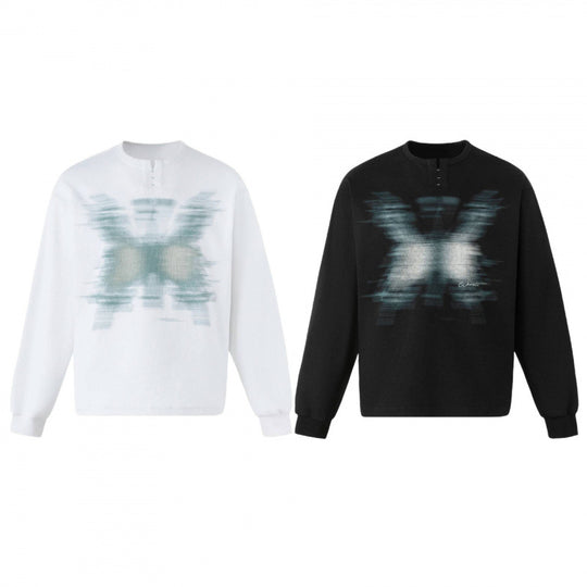 Unisex Oversize-Sweatshirt mit Henley-Ausschnitt und verschwommenem Schmetterlings-Print Shop Nory