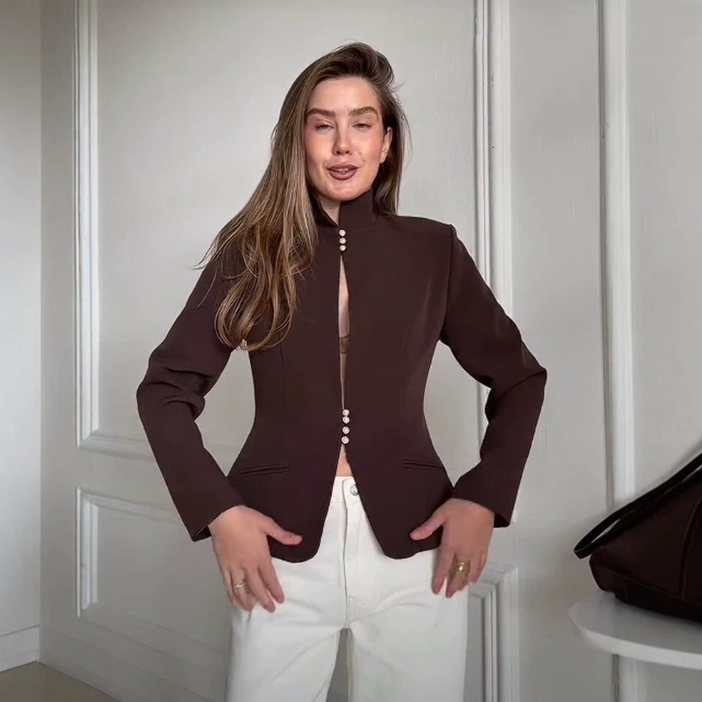 Damen Taillierter Blazer mit Stehkragen und Perlenknopf-Leiste Shop Nory