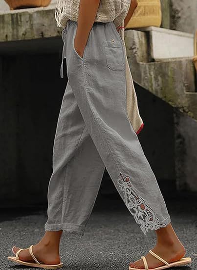 Damen luftige Leinenhose mit dekorativen Stickereien