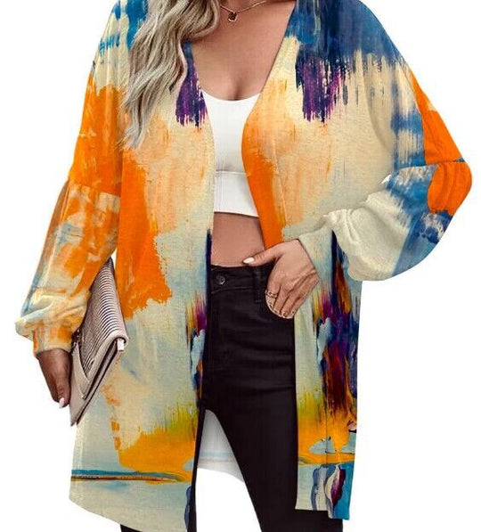 Damen Leichter Offener Longcardigan mit Federmotiv und Oversize-Ärmeln Shop Nory