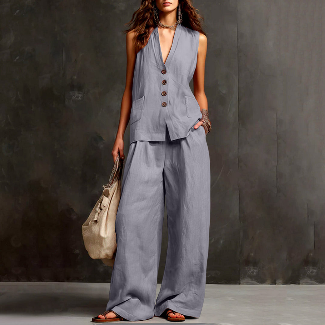 Damen Ärmelloses Longline-Westen und Palazzo-Hosen Set aus Leinenoptik Shop Nory