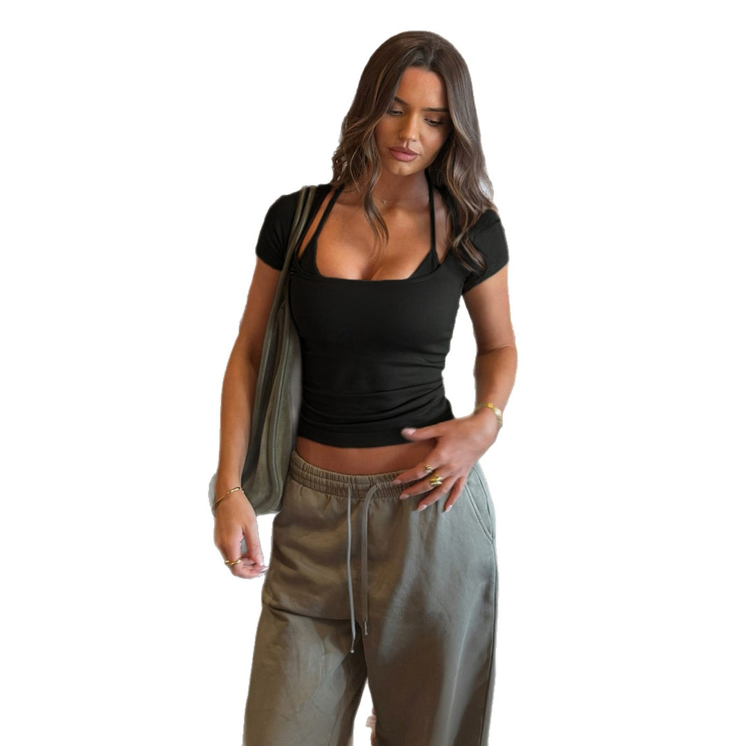 Damen nan figurbetontes Langarm-Top mit Neckholder-Bindung und eckigem Ausschnitt Shop Nory