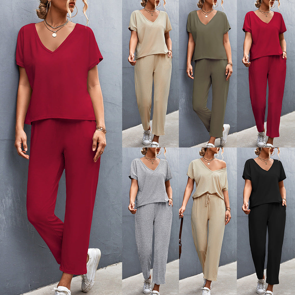 Damen Lounge-Set mit lässigem V-Ausschnitt und elastischen Bündchen Shopnory