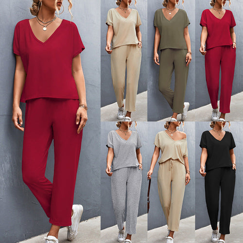Damen Lounge-Set mit lässigem V-Ausschnitt und elastischen Bündchen Shopnory
