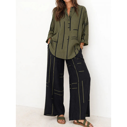 Damen Oversize-Tunika und weite Palazzohose mit grafischem Streifenprint und Henley-Kragen Shop Nory