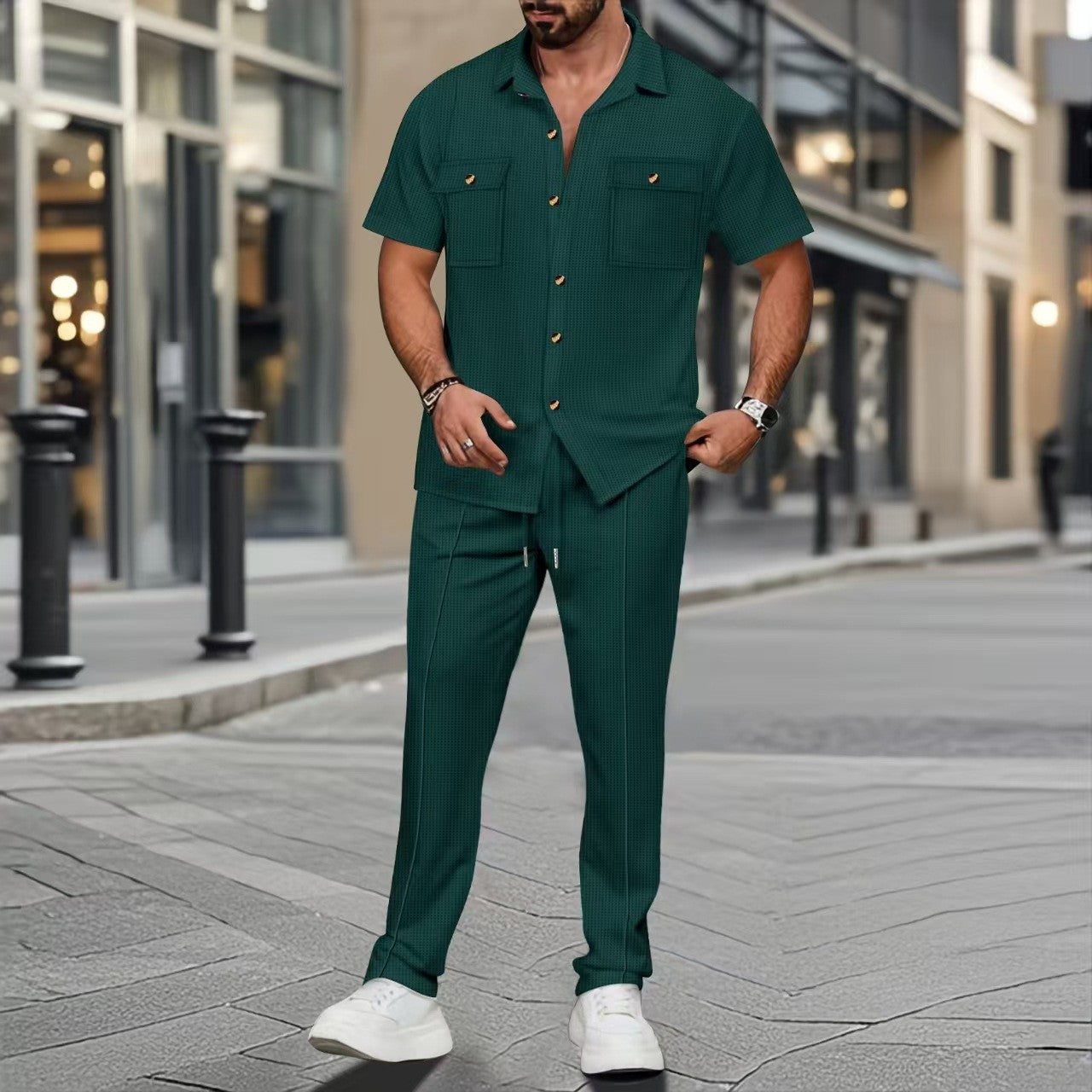 Herren nan lässiges Lounge-Ensemble Campkragen-Hemd mit aufgesetzten Brusttaschen und konisch zulaufender Tunnelzughose Shopnory