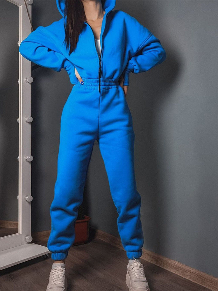 Damen Taillierter Kapuzen-Sweat-Jumpsuit mit Reißverschluss und elastischem Taillenbund Shop Nory