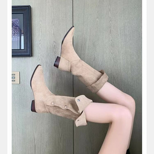 Damen Wadenhohe Velourslederstiefel mit umklappbarer Manschette und spitzer Kappe Shop Nory
