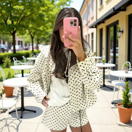 Damen Zweiteiliges Gepunktetes Blazer- und Shorts-Set mit Volumenärmeln und hoher Taille Shop Nory