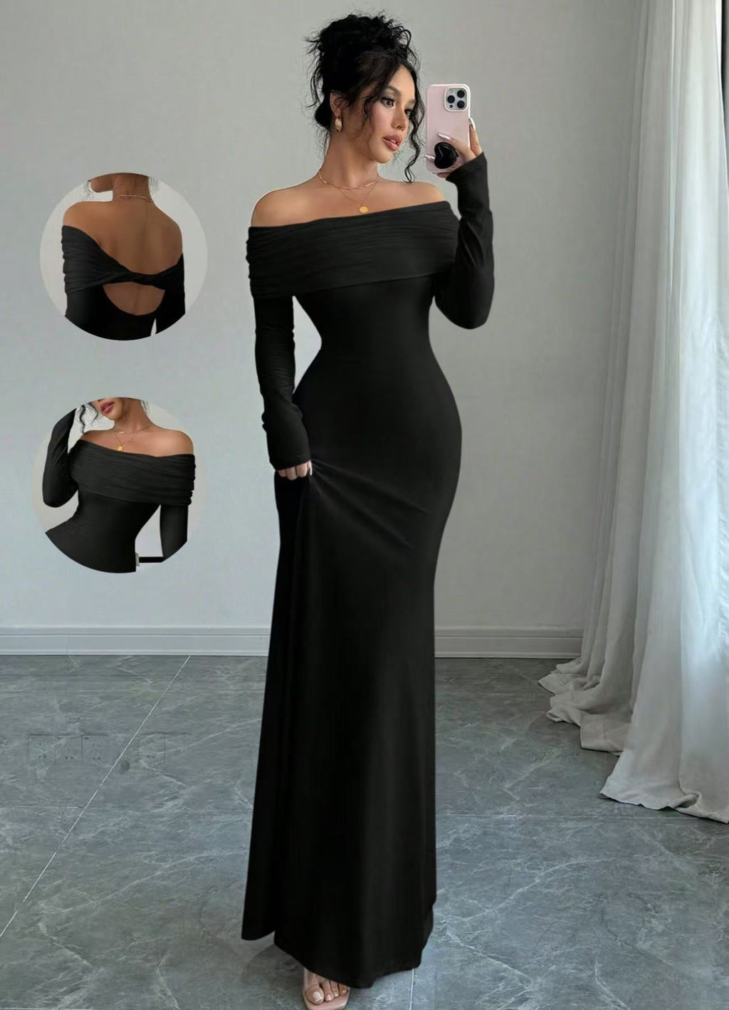 Damen Elegantes Off-Shoulder-Maxikleid mit figurbetontem Schnitt und langen Ärmeln