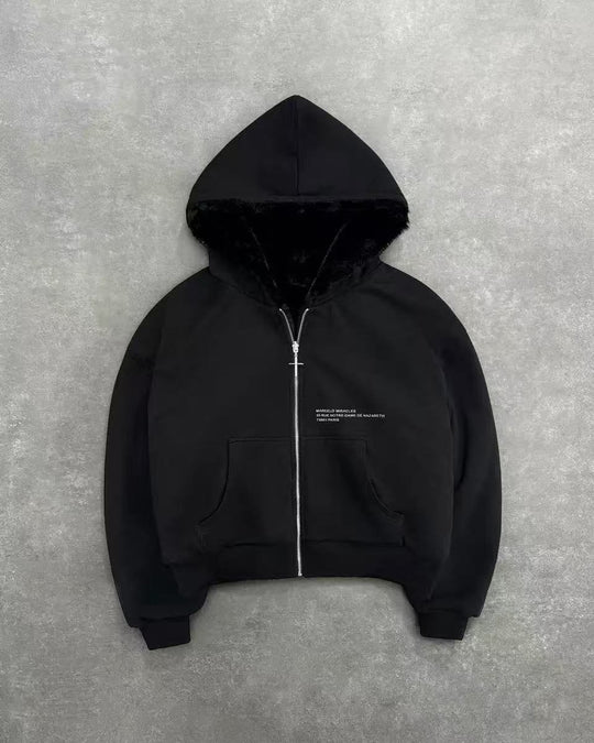 Unisex Kapuzen-Sweatjacke mit Kunstfellfutter, verkürztem Schnitt und Kreuz-Reißverschluss Shop Nory