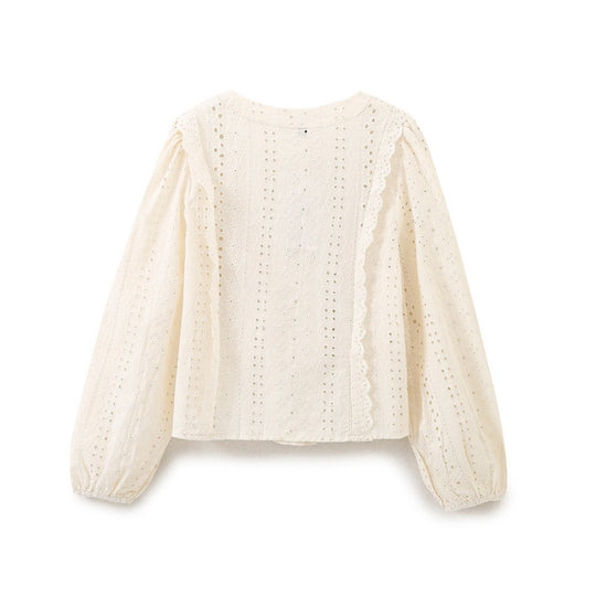 Damen Broderie Anglaise Baumwollbluse mit Rüschenbesatz und Ballonärmeln Shop Nory