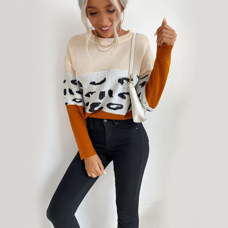 Damen Boxy-Strickpullover im Colorblock-Leopardmix mit Rundhals und gerippten Ärmeln Shop Nory