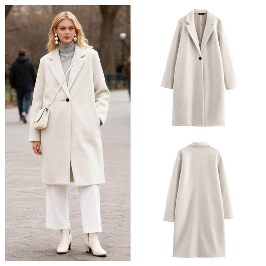 Damen Puristischer Longline-Mantel mit Reverskragen, Ein-Knopf‑Verschluss und weichem Filzfinish Shop Nory