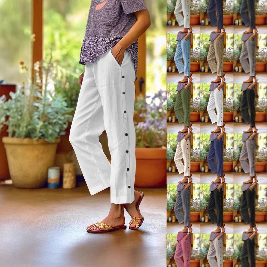 Damen Leichte Leinenmix-Hose mit seitlicher Knopfleiste und geradem Cropped-Schnitt Shop Nory