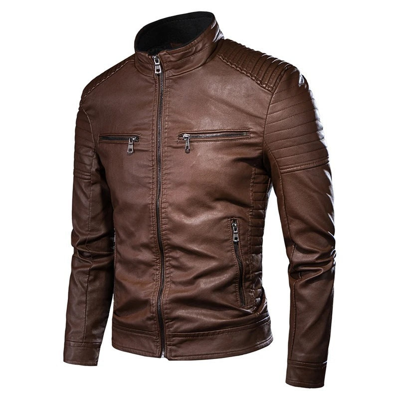 Herren Slim-Fit Biker-Lederjacke mit Stehkragen und gesteppter Schulterpartie Shop Nory