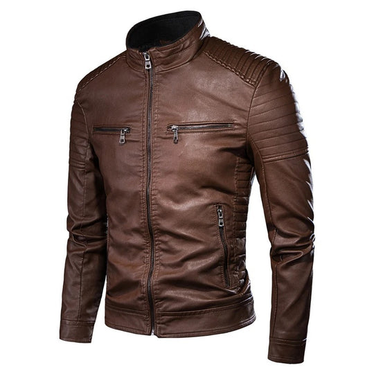 Herren Slim-Fit Biker-Lederjacke mit Stehkragen und gesteppter Schulterpartie Shop Nory