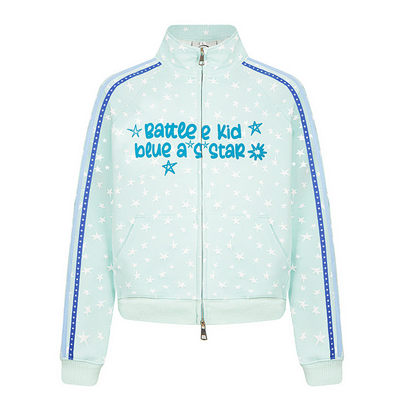 Damen Sweatjacke im Retro-Trackstil mit Stehkragen, Sternen-Print und Kontraststreifen Shop Nory