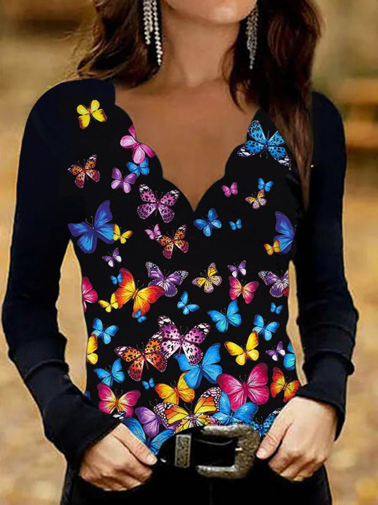 Damen Glitzer-Intarsien Langarmshirt mit V-Ausschnitt und Schmuckstein-Effekt Shop Nory