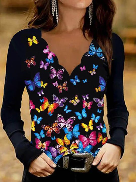 Damen Glitzer-Intarsien Langarmshirt mit V-Ausschnitt und Schmuckstein-Effekt Shop Nory