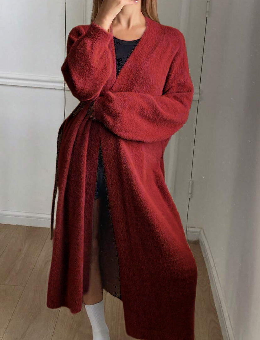 Damen Langer Wickel-Cardigan in Flausch-Optik mit Bindegürtel Shop Nory