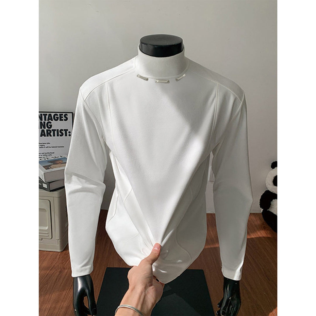 Herren Slim-Fit Langarmshirt mit hohem Stehkragen und dekorativen Metallleisten Shop Nory
