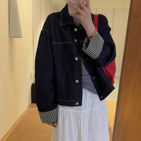 Damen Oversized Jeansjacke mit kontrastiertem Karo-Futter und Umschlagmanschetten Shop Nory