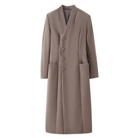Damen Eleganter Wolloptik-Maximantel mit verdeckter Knopfleiste und aufgesetzten Taschen Shop Nory