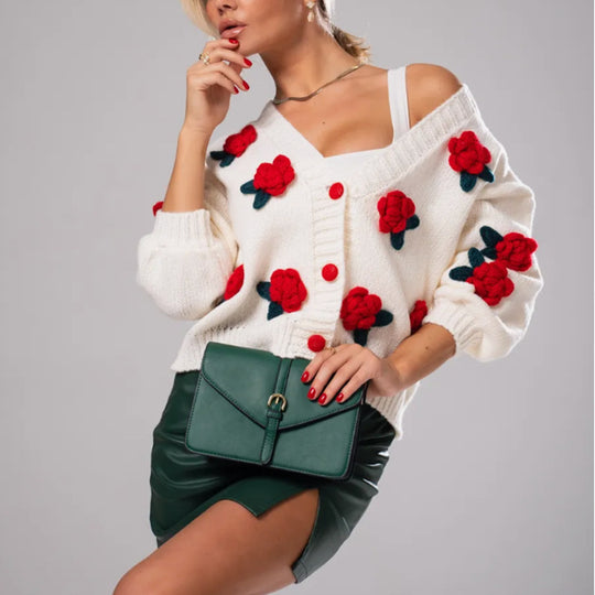 Damen Geblümter Strick-Cardigan mit 3D-Blumenapplikationen und V-Ausschnitt Shop Nory