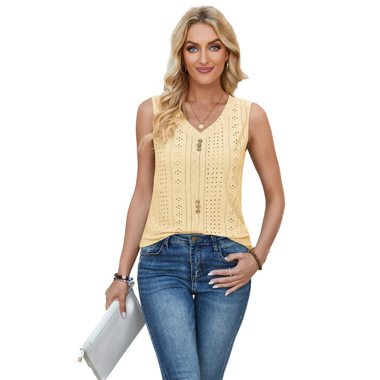 Damen ärmelloses Blusenshirt mit Knopfdetails und romantischem Lochmuster